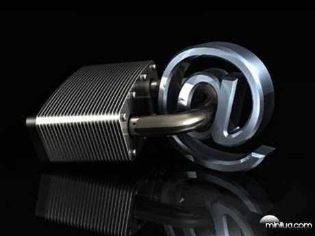 3d illustration of a large chrome "at" symbol with a heavy-duty metallic padlock clamped onto it